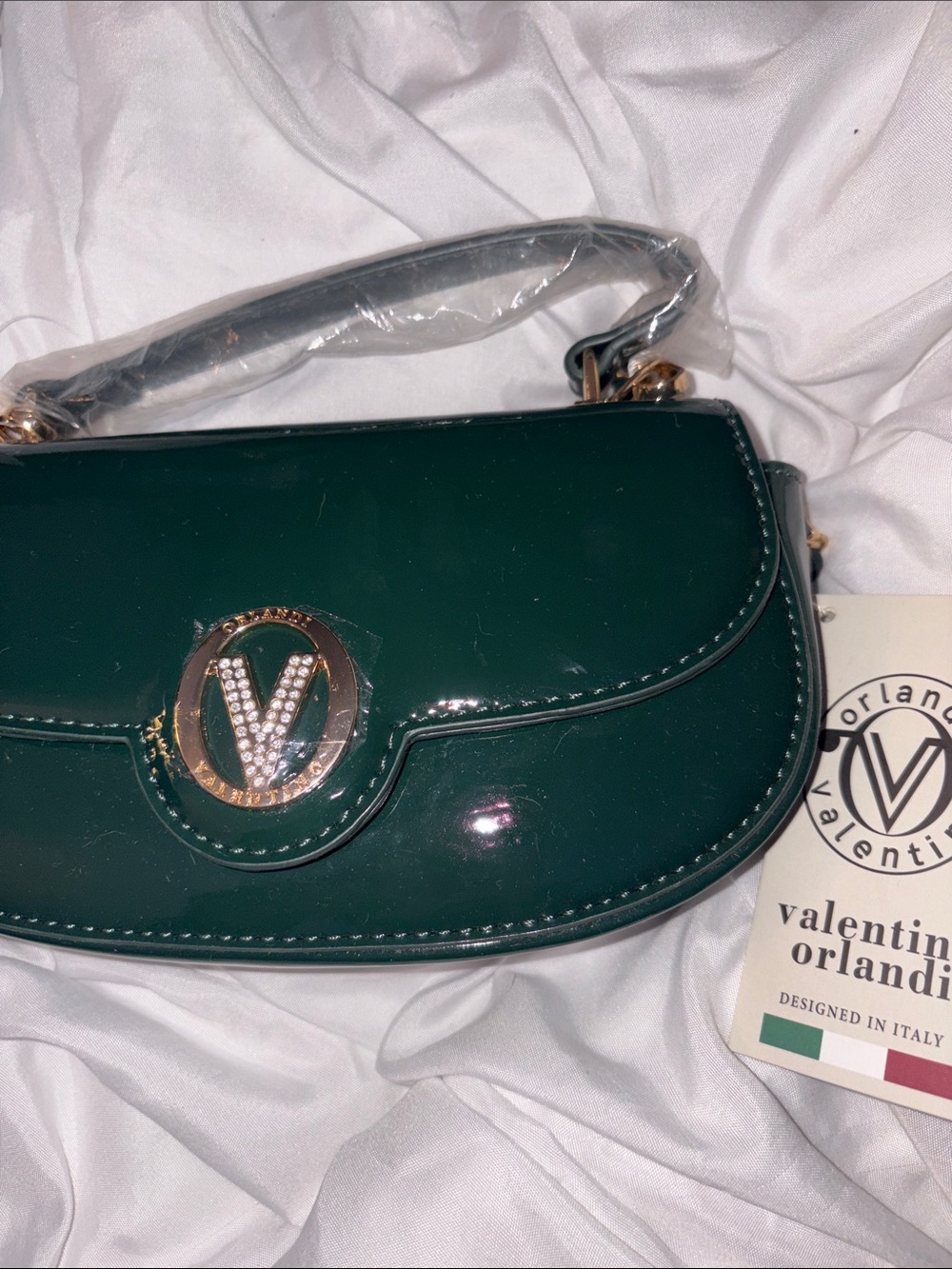 NWTRAREValentino Orlandi Dark Green Patent Leather Shoulder Bag with Gold Emblem